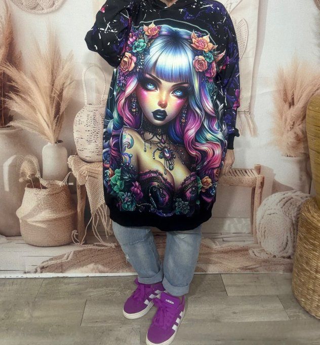 Sweat à capuche long ou robe sweat Pretty Rainbow Gothic Girl du 40 au 52  