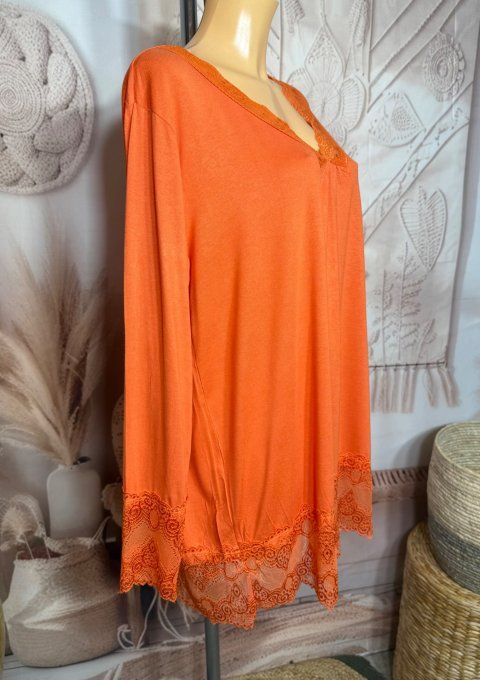 Top dentelle / Sous-pull dit "Rouleau" orange manches longues qualité +++ du 42 au 54/56 