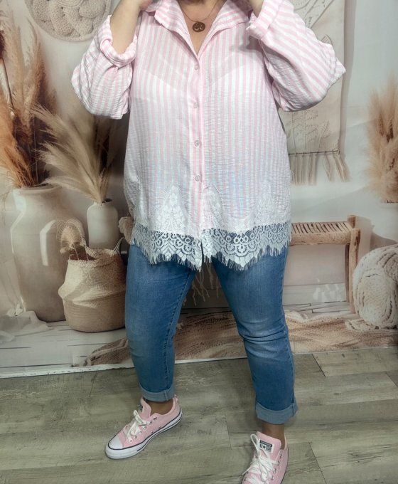 Chemise rayée rose bébé & dentelle florale blanche du 34 au 44 et même + si portée ouverte