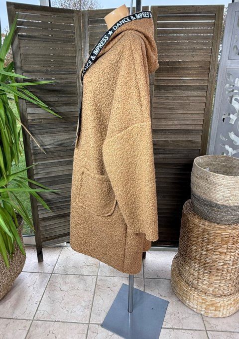 Manteau à capuche mi-long ample bouclette Camel du 42 au 52/54 et même + 