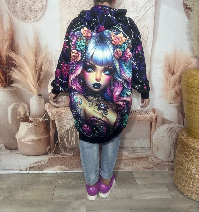 Sweat à capuche long ou robe sweat Pretty Rainbow Gothic Girl du 40 au 52  