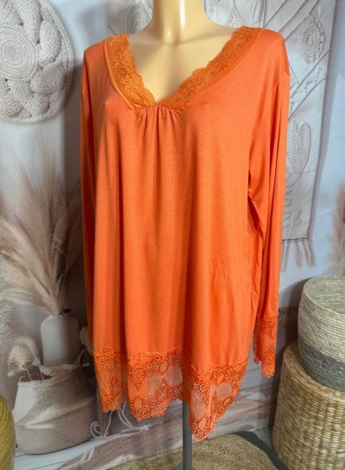 Top dentelle / Sous-pull dit "Rouleau" orange manches longues qualité +++ du 42 au 54/56 
