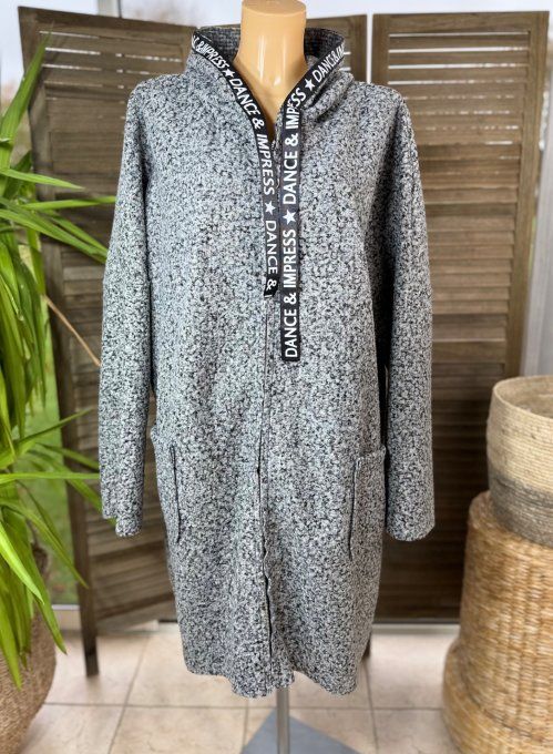 Manteau à capuche mi-long ample bouclette Gris perle chiné du 42 au 52/54 et même +