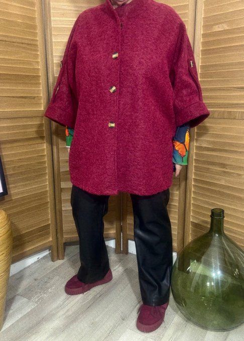 Manteau court manches raglan bouclette Bordeaux chiné du 40 au 52/54 et même + 
