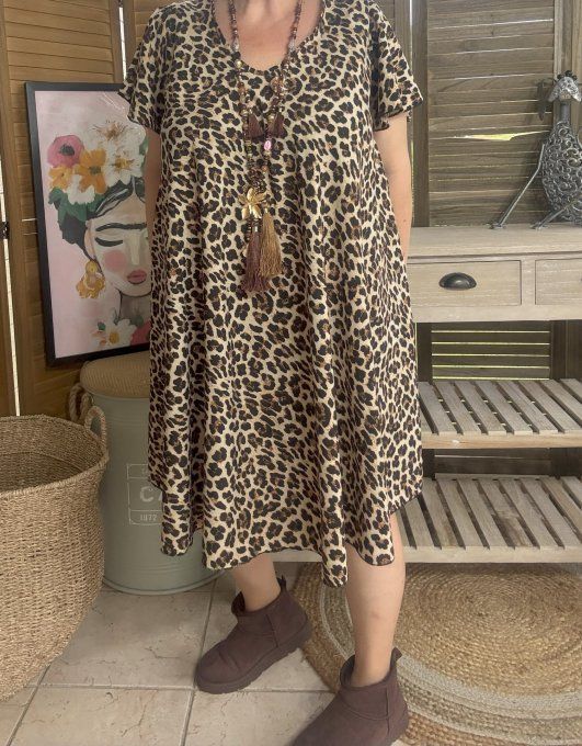Robe trapèze ample Léopard Camel Chocolat noir du 40 au 52/54 