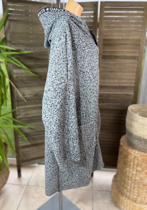 Manteau à capuche mi-long ample bouclette Gris perle chiné du 42 au 52/54 et même +
