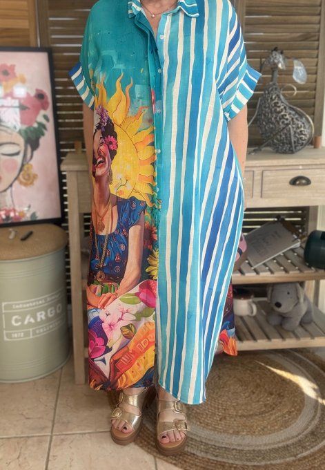 Robe-chemise longue oversize turquoise rayée Viva Frida Kahlo du 40 au 52 et même +