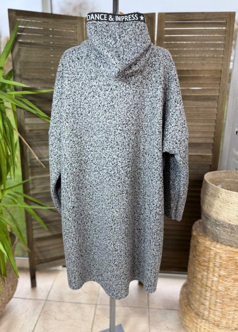 Manteau à capuche mi-long ample bouclette Gris perle chiné du 42 au 52/54 et même +