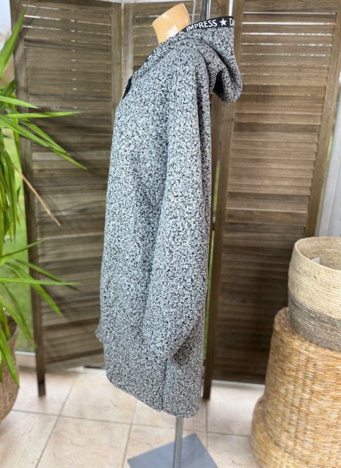 Manteau à capuche mi-long ample bouclette Gris perle chiné du 42 au 52/54 et même +