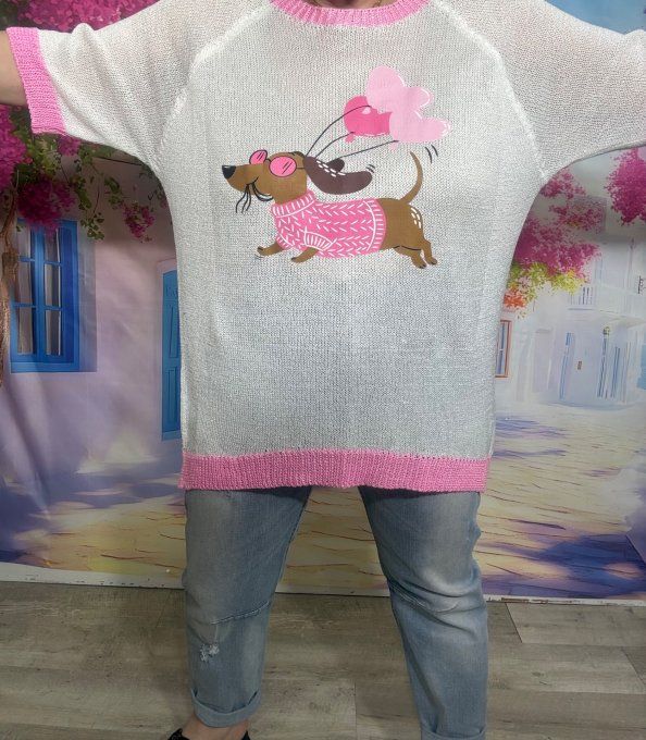 Pull fin SANS LAINE blanc & rose bébé Le Chien Teckel aux ballons coeurs du 40 au 50/52 