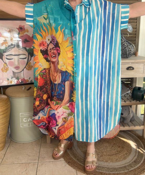 Robe-chemise longue oversize turquoise rayée Viva Frida Kahlo du 40 au 52 et même +