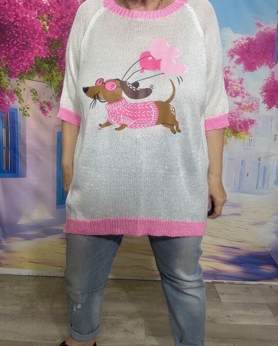 Pull fin SANS LAINE blanc & rose bébé Le Chien Teckel aux ballons coeurs du 40 au 50/52