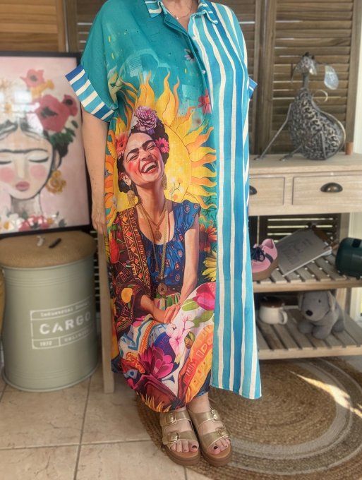 Robe-chemise longue oversize turquoise rayée Viva Frida Kahlo du 40 au 52 et même +