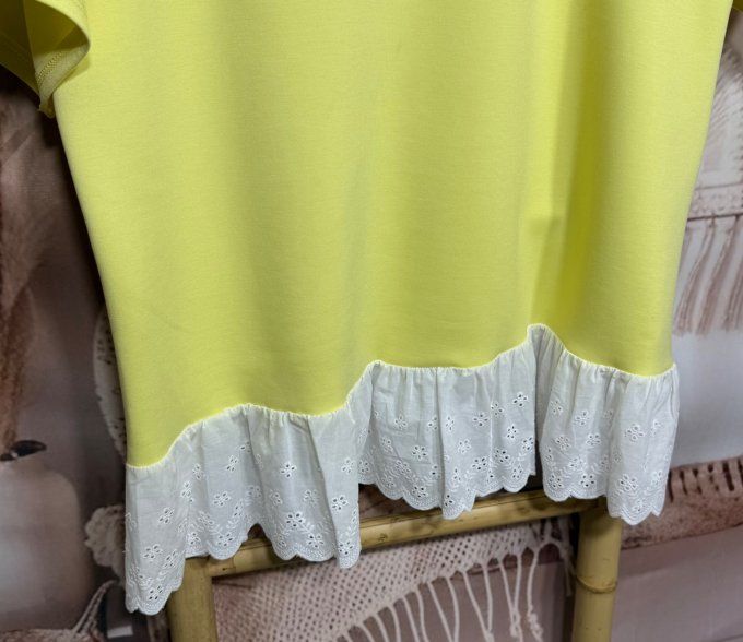 Top trapèze jaune pastel volants broderie anglaise blanche douceur +++ du 36 au 46/48