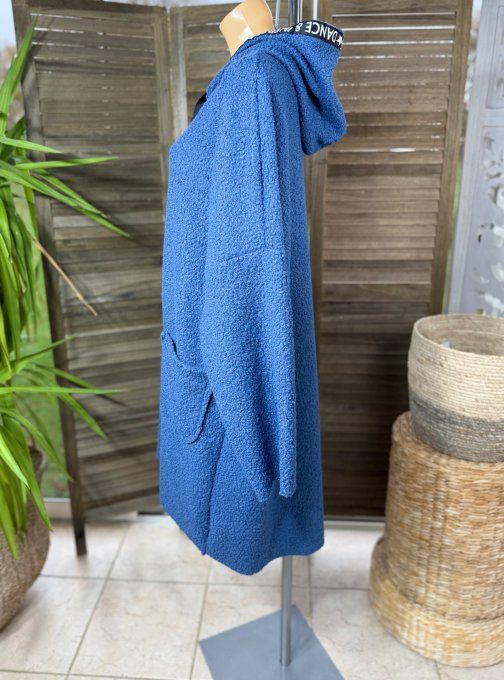 Manteau à capuche mi-long ample bouclette Bleu jeans du 42 au 52/54 et même + 