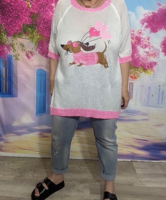 Pull fin SANS LAINE blanc & rose bébé Le Chien Teckel aux ballons coeurs du 40 au 50/52 