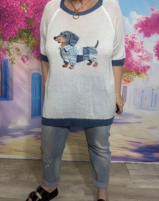 Pull fin SANS LAINE blanc & bleu Le Chien Teckel Patchwork en jeans du 40 au 50/52