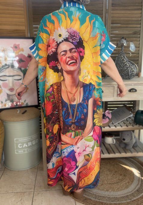 Robe-chemise longue oversize turquoise rayée Viva Frida Kahlo du 40 au 52 et même +