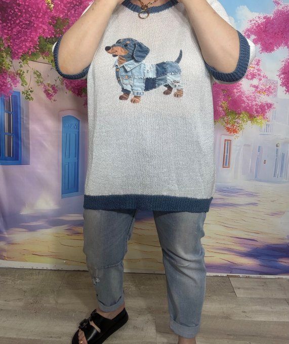 Pull fin SANS LAINE blanc & bleu Le Chien Teckel Patchwork en jeans du 40 au 50/52  