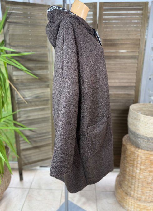 Manteau à capuche mi-long ample bouclette Chocolat du 42 au 52/54 et même +  