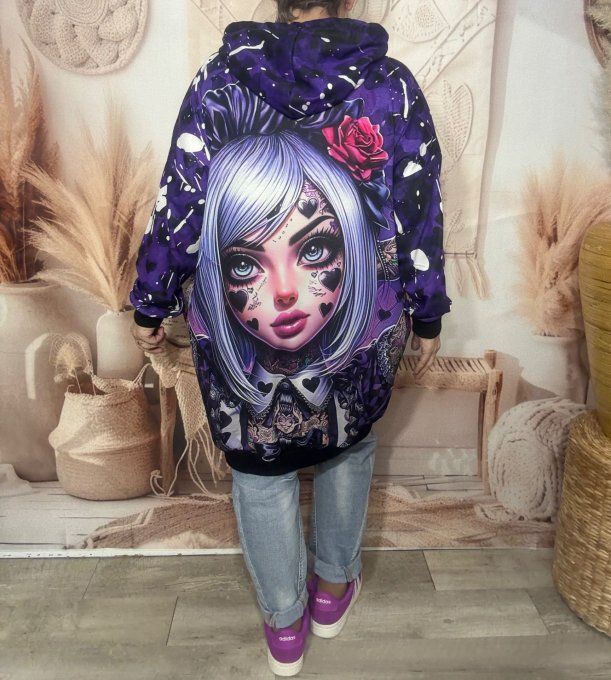 Sweat à capuche long ou robe sweat violet Alice Tattoo Gothic Girl du 40 au 52 