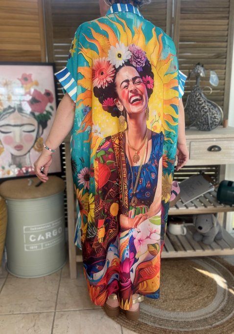 Robe-chemise longue oversize turquoise rayée Viva Frida Kahlo du 40 au 52 et même +