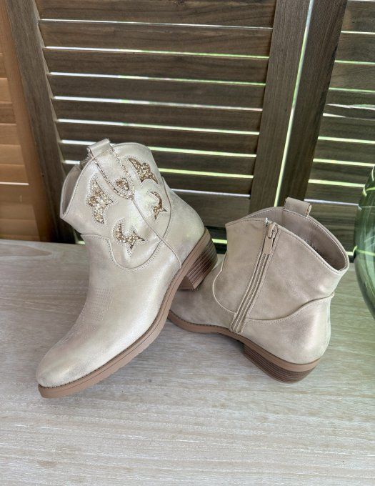 Bottines basses façon Santiags doré et découpes pailletées dorées or confort ++++  