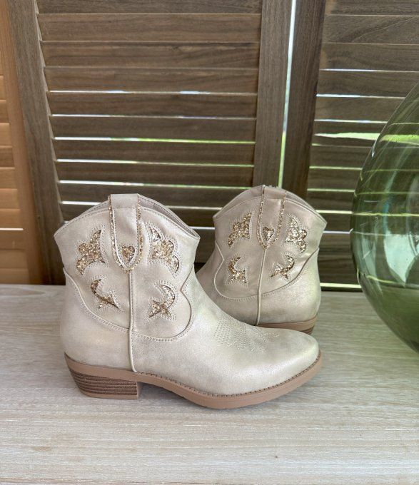 Bottines basses façon Santiags doré et découpes pailletées dorées or confort ++++  
