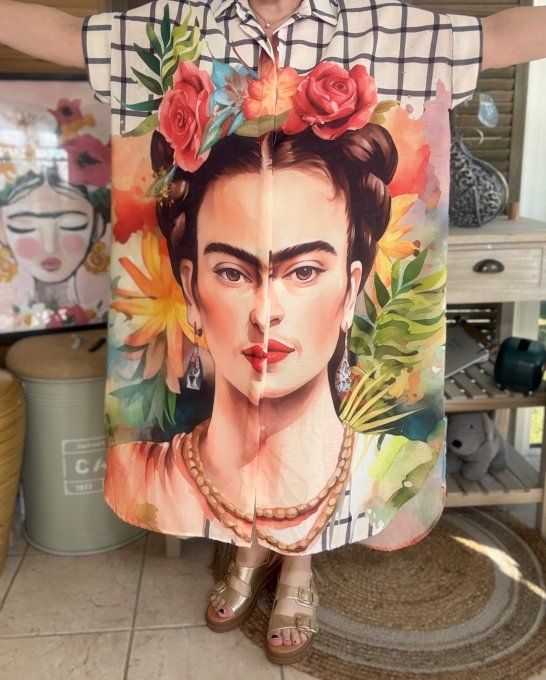 Robe-chemise longue oversize écrue carreaux Frida Kahlo Jungle Chic du 40 au 52 et même + 