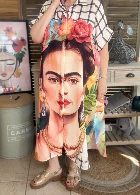 Robe-chemise longue oversize écrue carreaux Frida Kahlo Jungle Chic du 40 au 52 et même + 