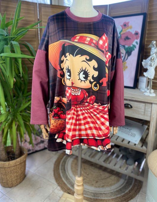 Sweat ample Lie de Vin carreaux Betty Boop Country Girl du 40 au 50/52