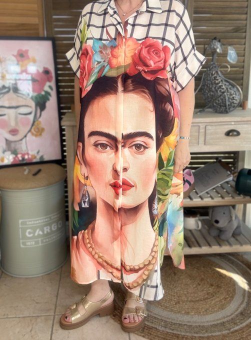 Robe-chemise longue oversize écrue carreaux Frida Kahlo Jungle Chic du 40 au 52 et même + 