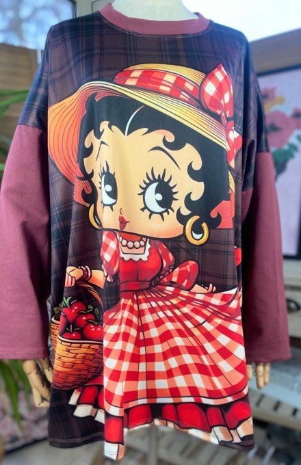 Sweat ample Lie de Vin carreaux Betty Boop Country Girl du 40 au 50/52