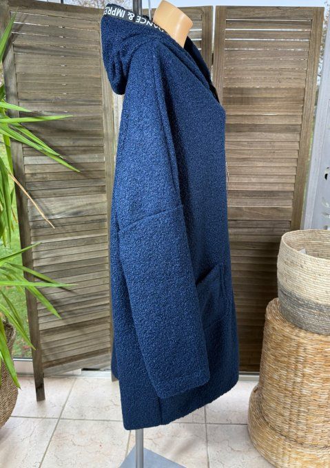Manteau à capuche mi-long ample bouclette Marine du 42 au 52/54 et même + 