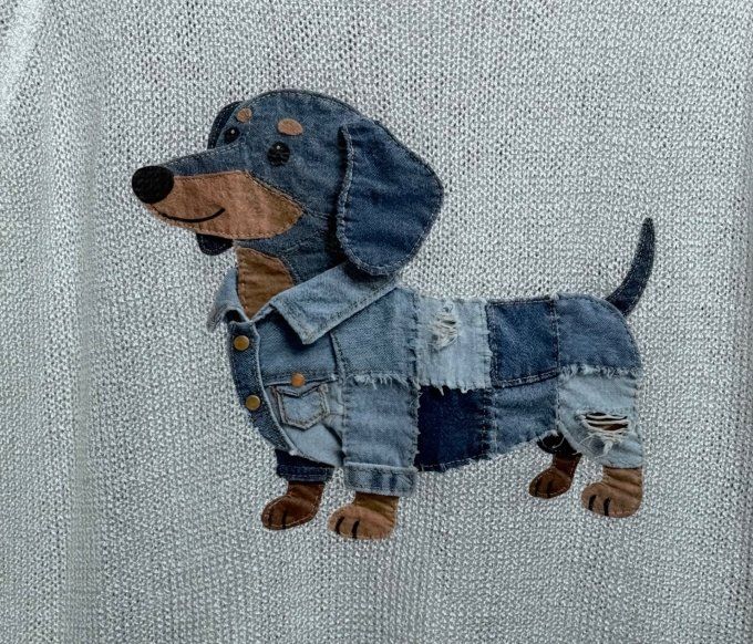 Pull fin SANS LAINE blanc & bleu Le Chien Teckel Patchwork en jeans du 40 au 50/52  