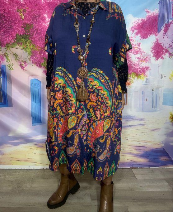 Robe chemise longue Marine Cashemire multicolore Fly Out qualité +++ du 40 au 50/52
