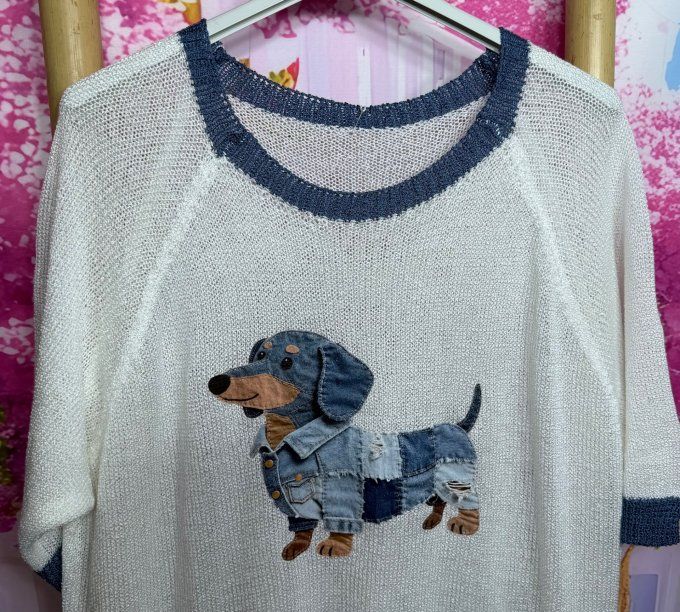 Pull fin SANS LAINE blanc & bleu Le Chien Teckel Patchwork en jeans du 40 au 50/52  