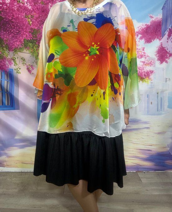 Tunique ample en voile ou Tunique de plage Fleurs exotiques oranges du 38 au 52