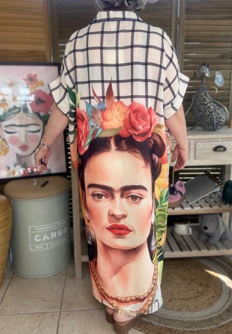 Robe-chemise longue oversize écrue carreaux Frida Kahlo Jungle Chic du 40 au 52 et même + 