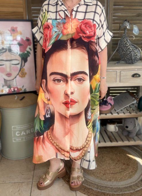 Robe-chemise longue oversize écrue carreaux Frida Kahlo Jungle Chic du 40 au 52 et même + 