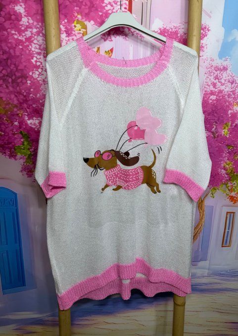 Pull fin SANS LAINE blanc & rose bébé Le Chien Teckel aux ballons coeurs du 40 au 50/52 