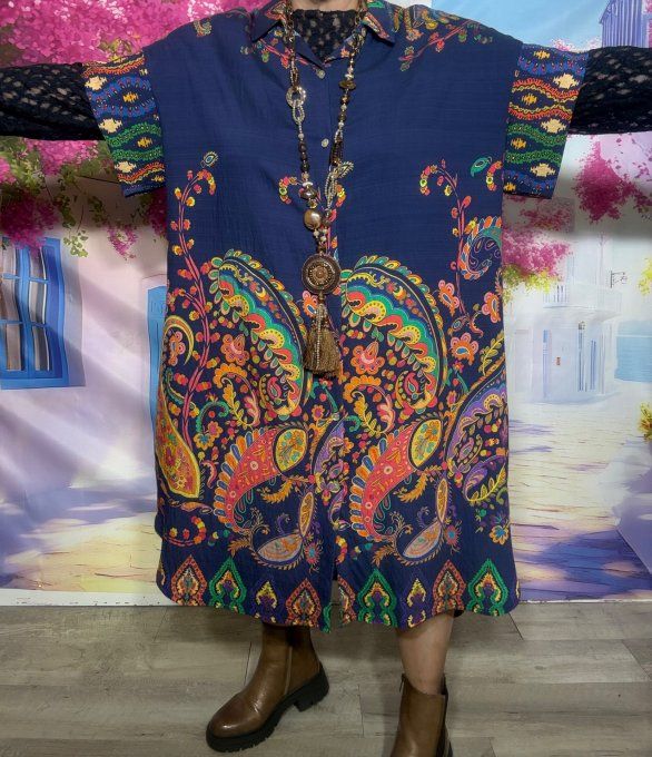 Robe chemise longue Marine Cashemire multicolore Fly Out qualité +++ du 40 au 50/52