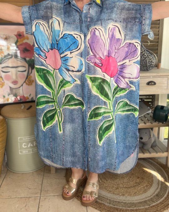 Robe-chemise longue oversize effet jeans délavé Les Fleurs Exotiques du 40 au 52 et même +