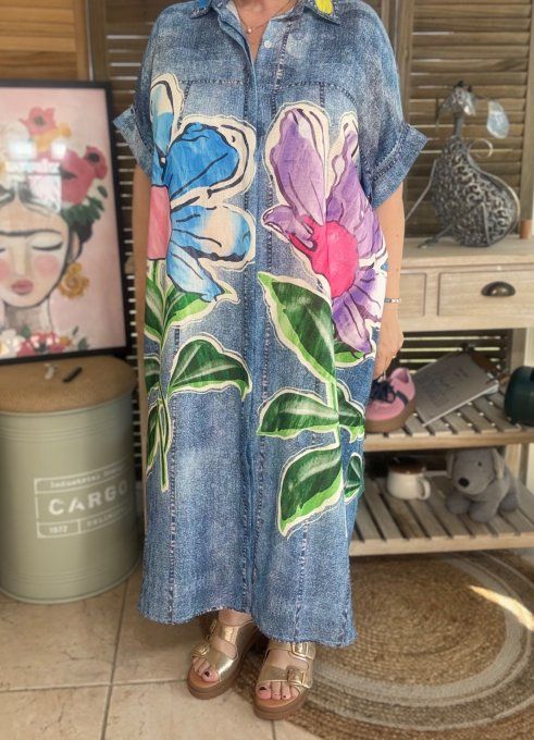 Robe-chemise longue oversize effet jeans délavé Les Fleurs Exotiques du 40 au 52 et même +