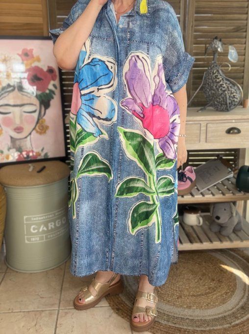 Robe-chemise longue oversize effet jeans délavé Les Fleurs Exotiques du 40 au 52 et même +