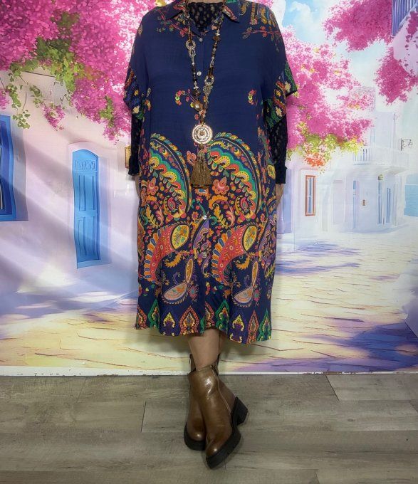 Robe chemise longue Marine Cashemire multicolore Fly Out qualité +++ du 40 au 50/52