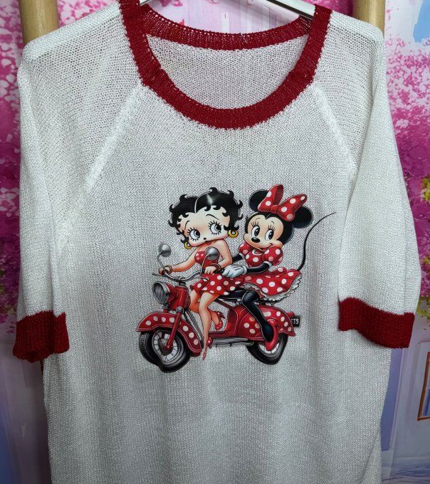 Pull fin SANS LAINE blanc & rouge Betty Boop et Minnie du 40 au 50/52  