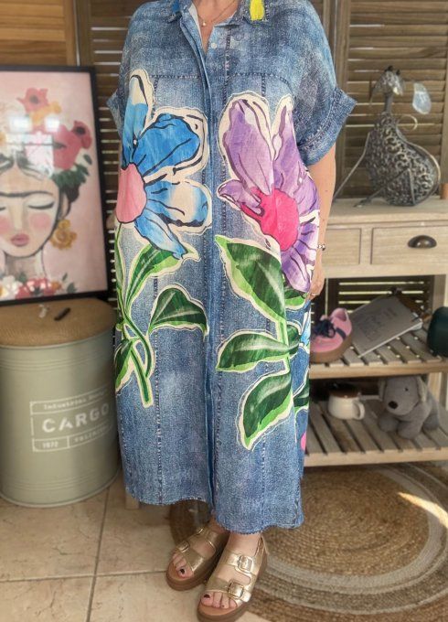 Robe-chemise longue oversize effet jeans délavé Les Fleurs Exotiques du 40 au 52 et même +