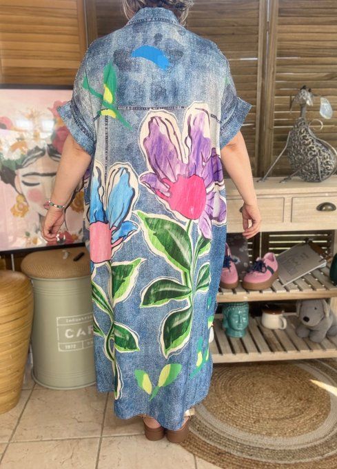 Robe-chemise longue oversize effet jeans délavé Les Fleurs Exotiques du 40 au 52 et même +