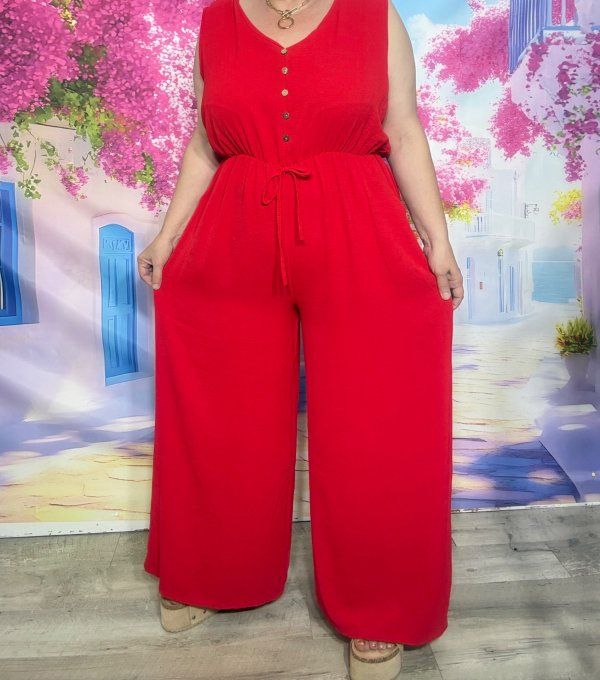 Combinaison pantalon rouge cuisses larges sans manches taille élastiquée du 40 au 50/52